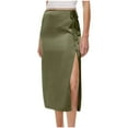thumbnail image 2 of Cavosen Skirts for Women Midi Length High Waisted Plain Casual Skirts Side Split Lightweight Flowy Stylish Calf Length Skirts Drawstring Work Comfort Fall Winter Clothes Green, 2 of 8
