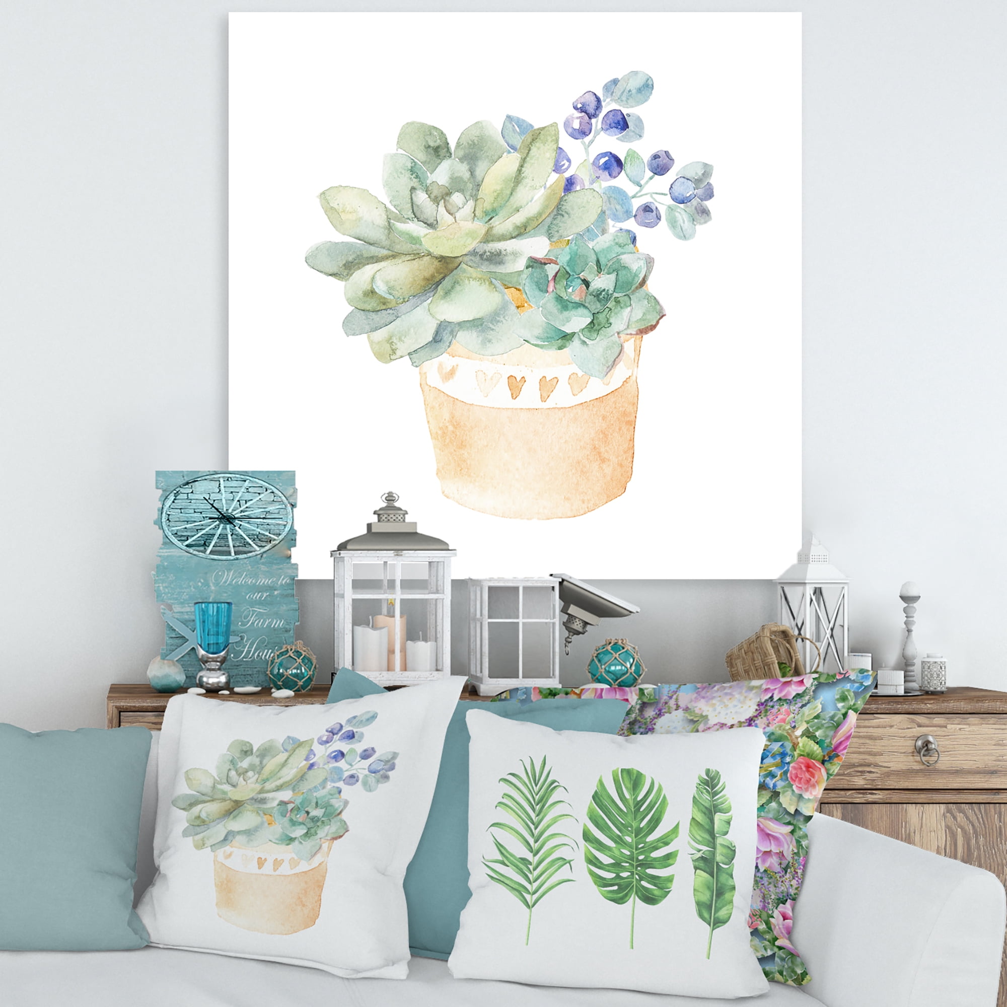 Succulent Flower In Terracotta Clay pot II 36 in x 36 in Painting Canvas Art Print, by Designart