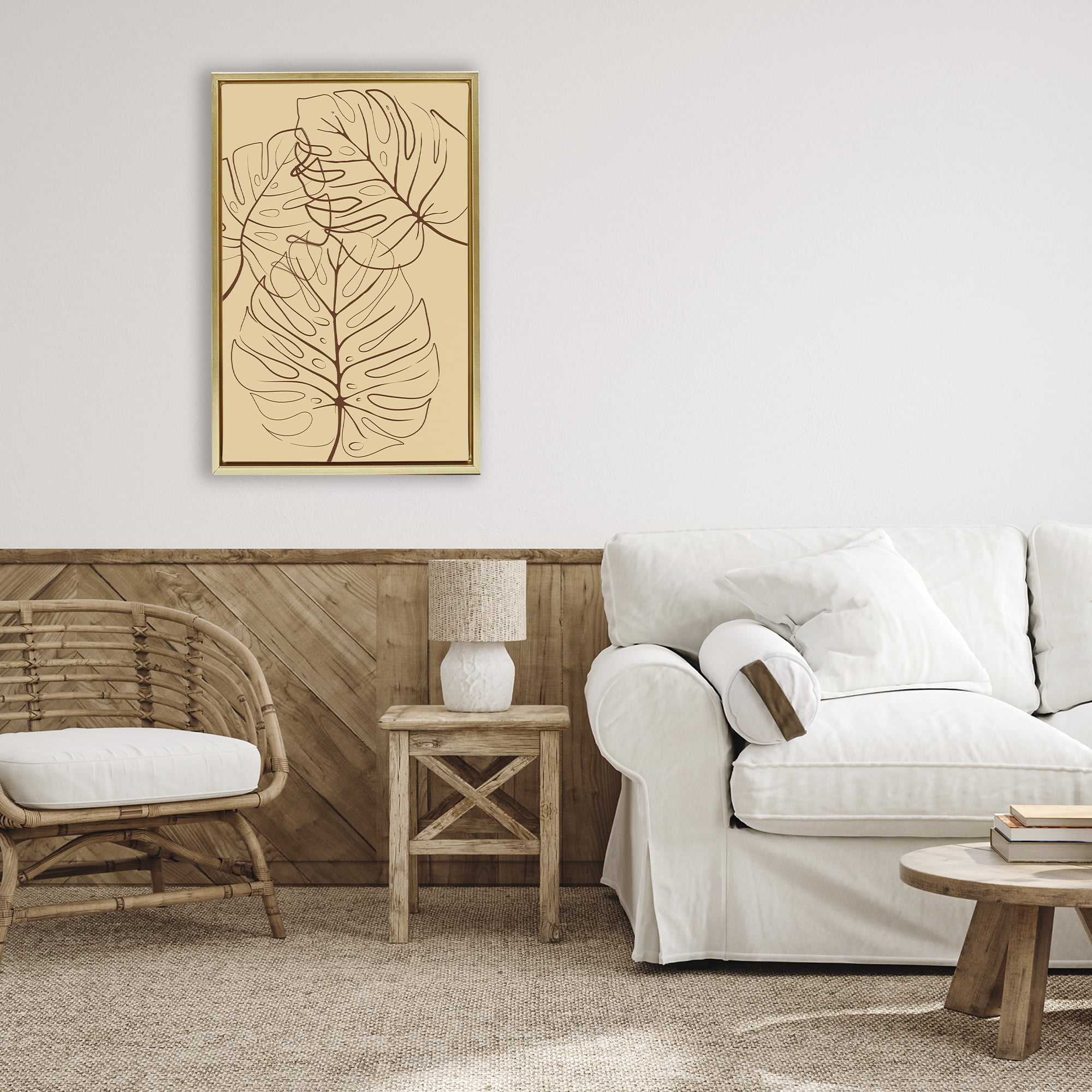 Stupell Industries Autumn Monstera Leaf Contour Gold Framed Floater Canvas Wall Art, design by Martina Pavlova