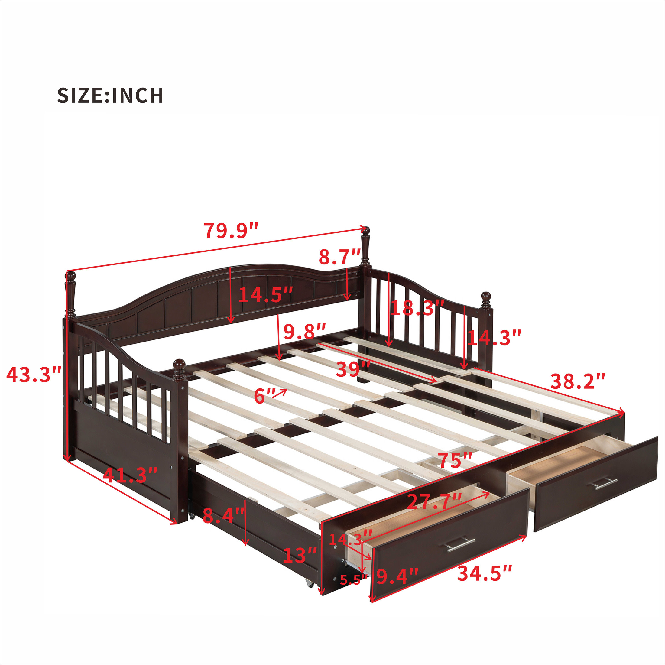 Noble House Wooden Twin Size Daybed with Twin Size Trundle, Extendable Daybed with Two Storage Drawers, Espresso