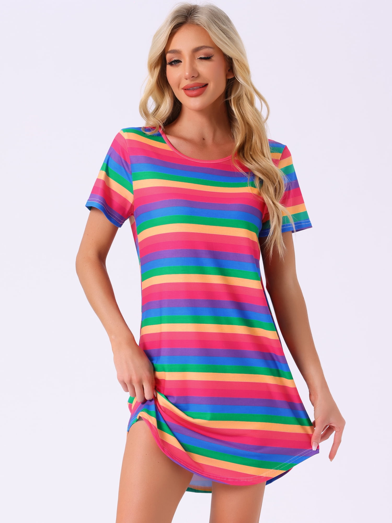 DARING DIVA Women's Colorful Striped Short Sleeve Nightgown 2XL Red Yellow