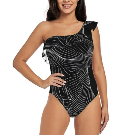 Tideii Geometric Lines Dog Art for One shoulder Ruffled Swimsuit  One Piece Tummy Control Swimsuit Summer Swimwear for Adult Women-Small