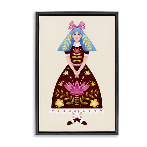 Stupell Industries Bohemian Blue Haired Folk Girl Black Floating Frame Canvas Art, 17 x 25, by Hannah Moren
