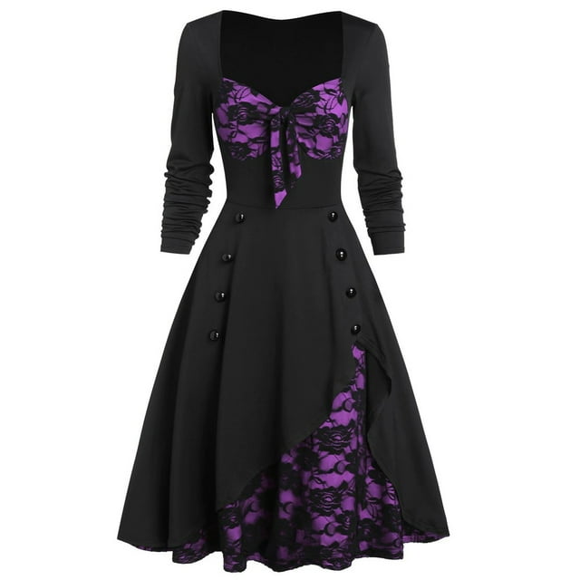 Huanglei Women Plus Size Party Dress Flower Lace Insert Mock Button Bowknot Vintage Dress