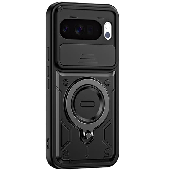 Magentic For Google Pixel 10 Pro XL Phone Case,With Sliding Camera Cover,360°Rotatable Ring Kickstand,Heavy Duty Protection,Shockproof Non-Slip Anti-Scratch Rugged Durable Phone Case,Black