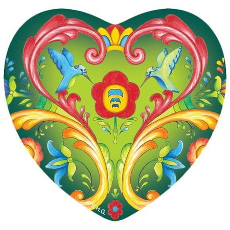 Rosemaling Design - Ceramic Heart Magnet Green Rosemaling