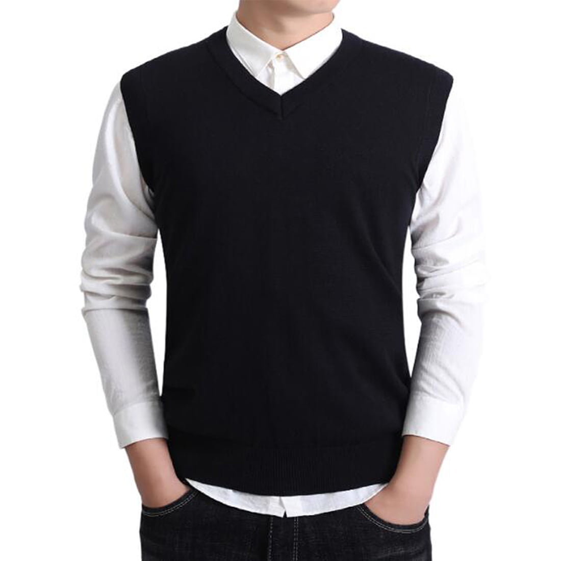 Hanerdun Mens V-Neck Sleeveless Knitted Pullover Sweater Vests Black ...