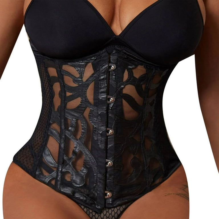 JDEFEG Mom Of Weirdos Women Leather Shapewear Lace Up Back Contrast Lace  Corset with Thong Body Shaper Bodysuit Compression Garment Loose Skin  Polyester Black Xs 