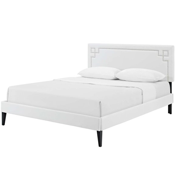 Modern Contemporary Urban Design Bedroom Queen Size Platform Bed Frame, Faux Vinyl Leather, White