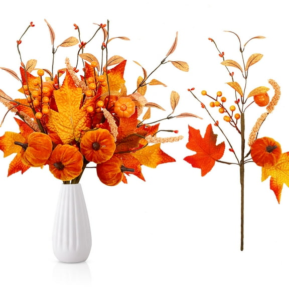 Artificial Pumpkin Berry Maple Leaf Floral Stems 19.5Inch 4PCS Fall Branches for Fall Thinksging Weeding Birthday Home Vase Arrangement Decor
