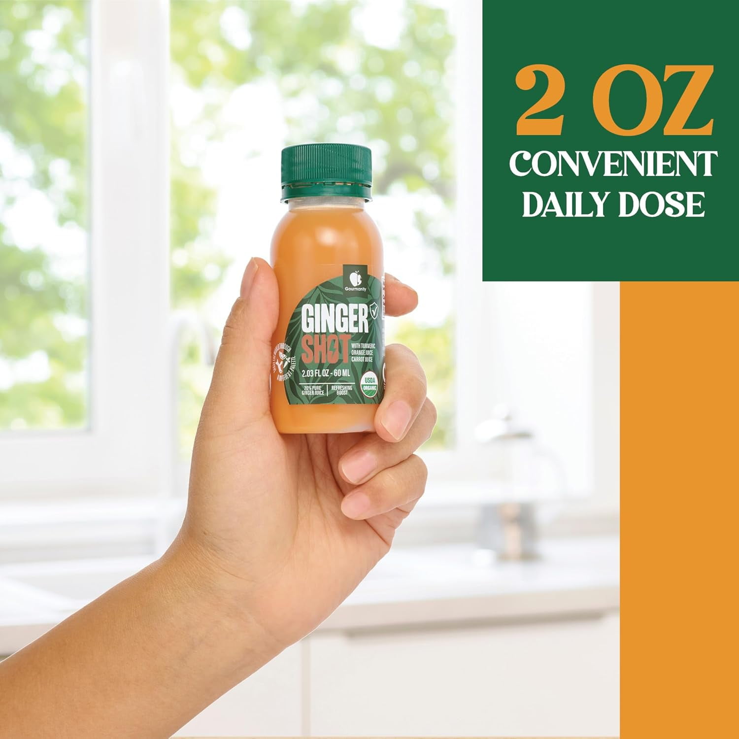 Gourmanity Organic Ginger Shots, 12 x 2.03oz/60 ml,  Potent Ginger and Turmeric Shot with Orange and Carrot Juice, No Additives