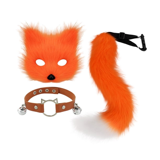 Máscara y cola de Therian, novedoso disfraz de Halloween, máscara facial falsa con collar Naranja