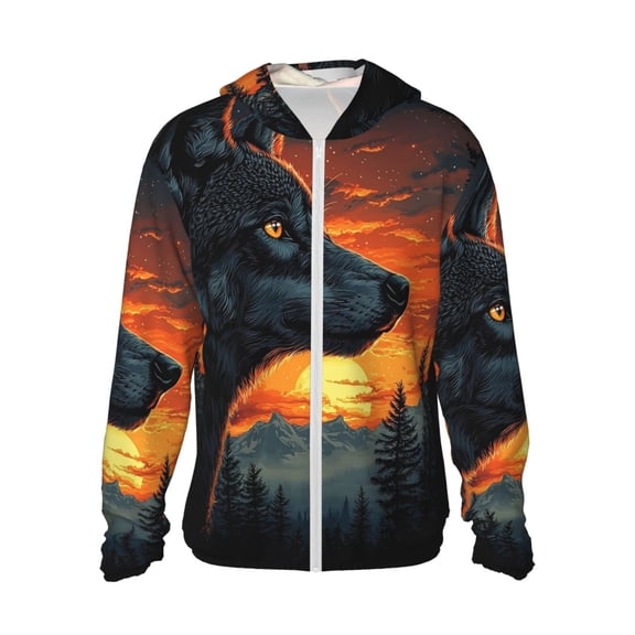 Women Men Sun Protection Hoodie Jacket Zip Long Sleeve Shirt Hiking Outdoor , Night Wolf