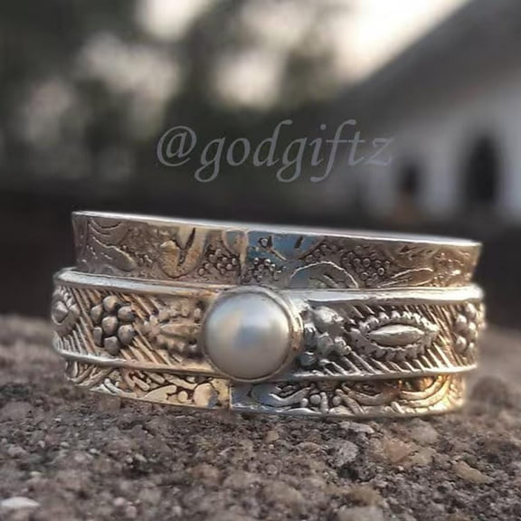 Inisha Creation Sterling Silver Pearl Spinner Ring: Diamond Accent, Meditation Jewelry
