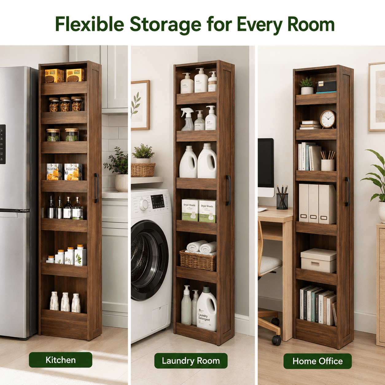 Aukfa 7-Tier Slim Rolling Pantry Cabinet, 68.3" Narrow Pull-Out Kitchen Storage Cart with Handle and Casters,Walnut