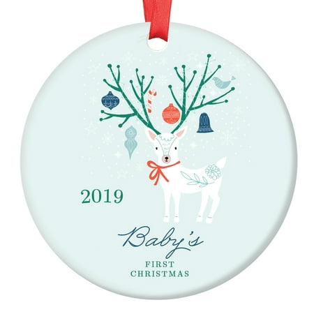 Winter Deer Baby's First Christmas Ornament 2019, Boy Baby 1st Christmas Porcelain Ornament, 3