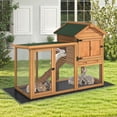 thumbnail image 2 of Dextrus Wooden Rabbit Hutch Bunny Cage Guinea Pig House with Waterproof Roof, PVC Mat, Pull-Out Tray - Teak, 2 of 8