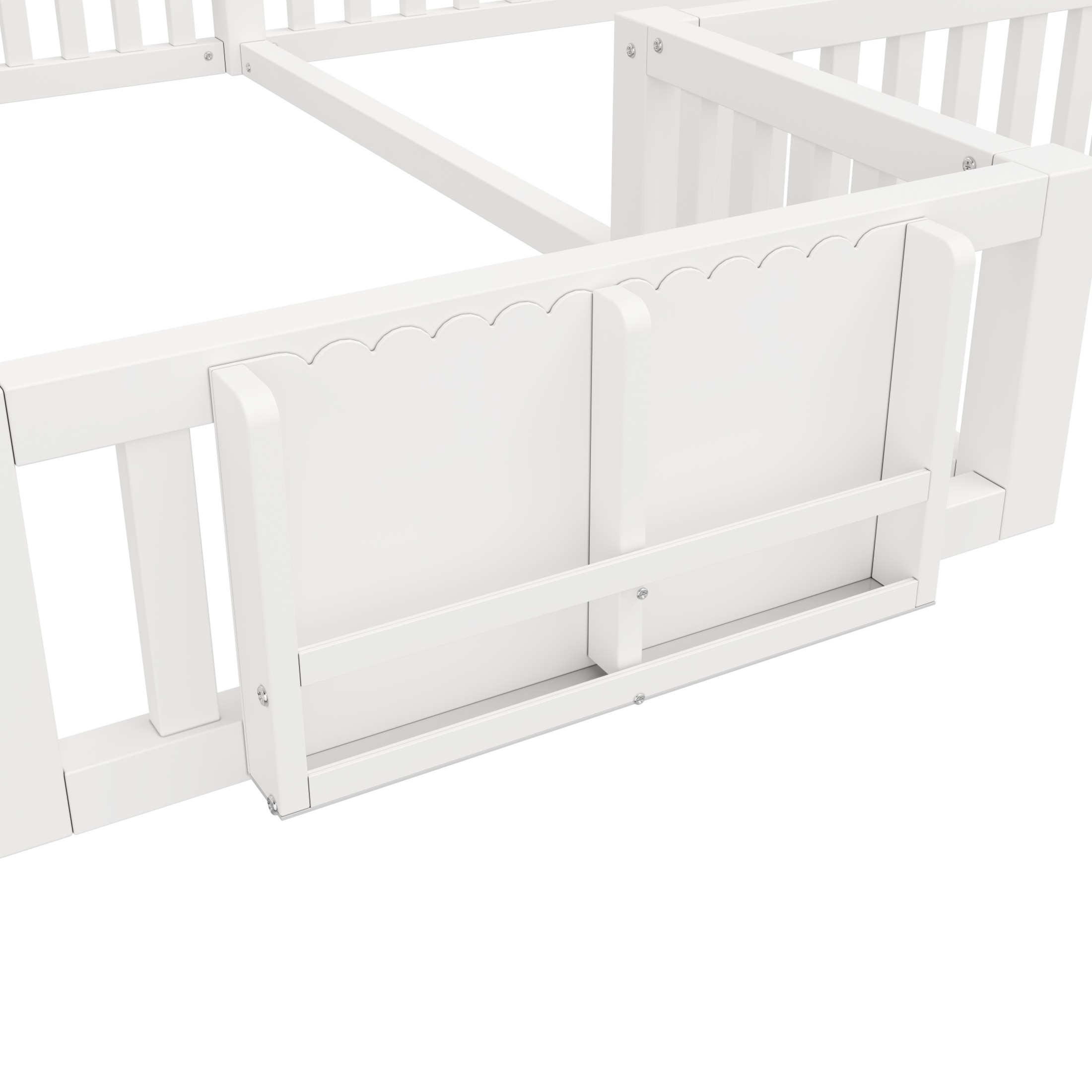 Noble House Lorven Twin & Full L-Shaped Floor Bed with Built-in Bookcase & Lockable Safety Gate, White