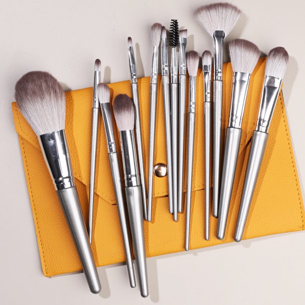 Nvzi Juego de 10 brochas de maquillaje, para base, polvos, correctores, sombras de ojos, rubor, brochas de maquillaje plateadas con bolsa de almacenamiento naranja