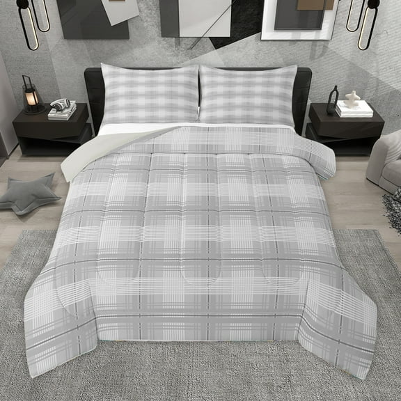 Homewish Abstract Stripes Grid Bedding Comforter Set,Minimalism Geometric Checkered Twin Comforter Sets,Gray Lines Bedding Set For Girls Boys,Super Cozy Room Decor Reversible,2pcs