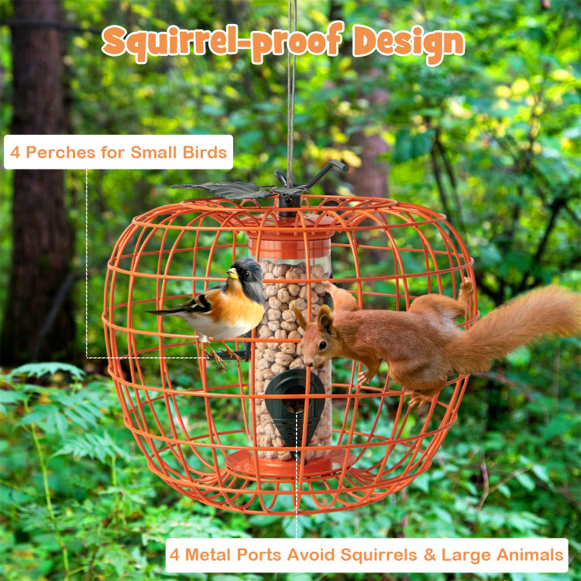 Kadyn 16" Metal Hanging Bird Feeder with Cage and 4 Metal Ports, Squirrel-proof Wild Bird Feeder for Outdoors, Orange