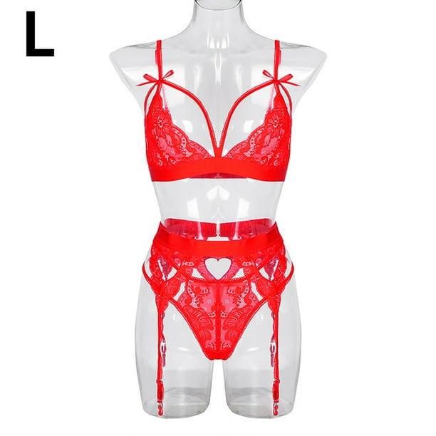 Conjunto de ropa interior de encaje floral de 3 piezas para mujer, sujetador sexy, bragas, liguero, rojo, L Methold XX000052-19