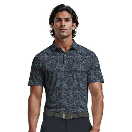Ben Hogan Men's and Big Men’s Swimming Fish Print Short Sleeve Golf Polo Shirt, up to Size 5XL