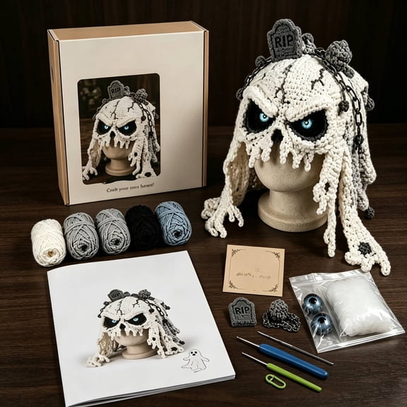 Complete DIY Crochet Kit for Beginners, Halloween Fantasy Hood Hat Craft Set with Yarn, Hook, Instructions and Gift Box(style:E)