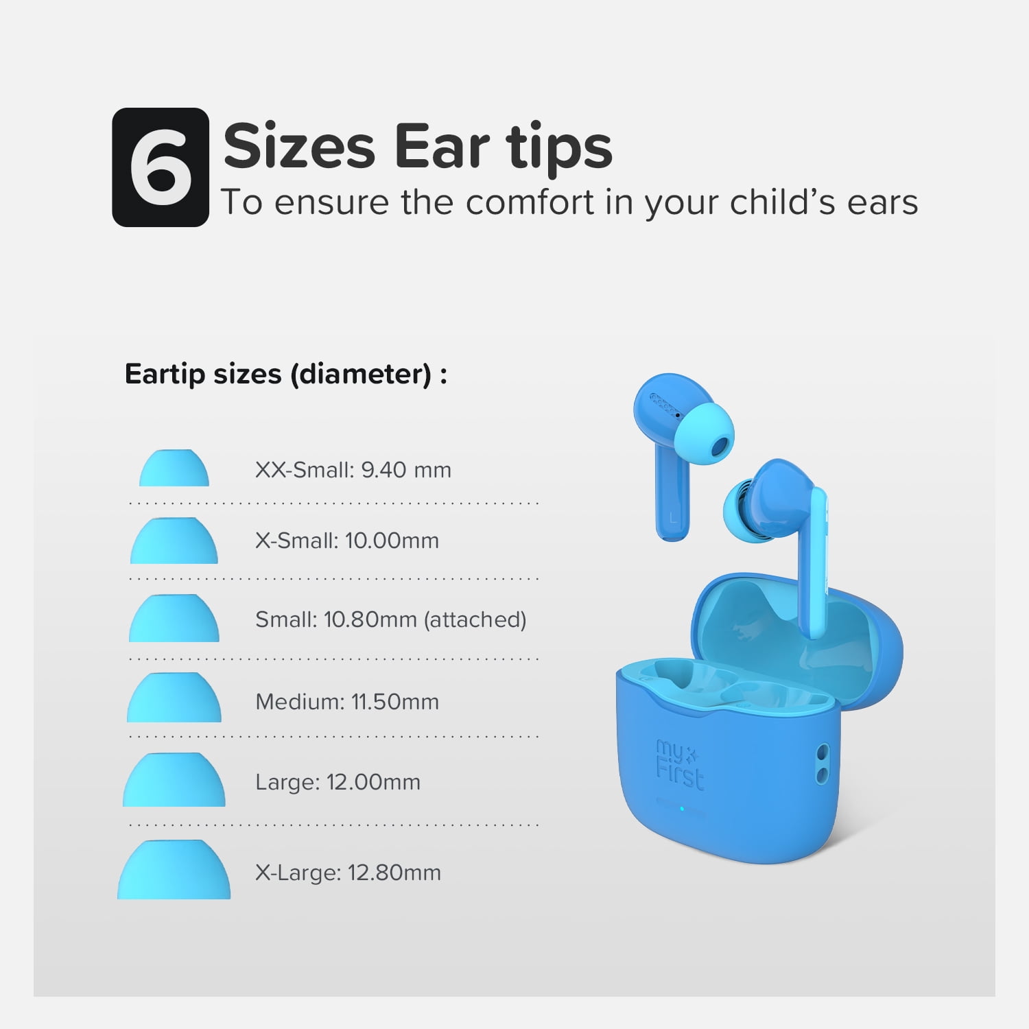 myFirst CareBuds (Blue) Kids Wireless Earbuds, 85dB Volume Limit, Built-in Mic, 6 Ear Tips, Anti-Loss Strap, Bluetooth 5.3, Gift for Kids 4-15