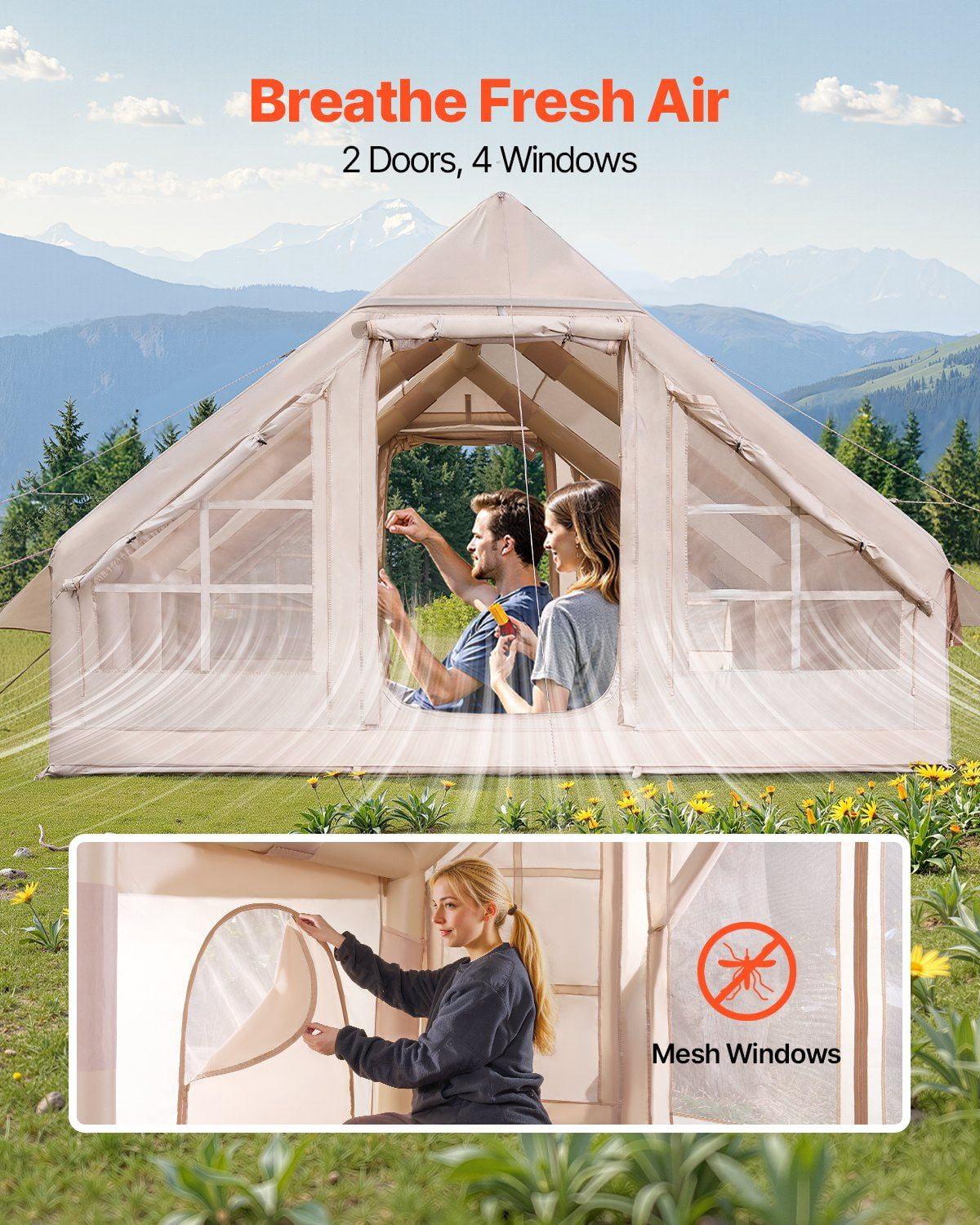 5-8P Air Tent w/Pump & Stove Jack, 300D Oxford, 2D/4W, Storage Bag