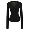 thumbnail image 4 of KHONTS Women's 2025 Fall Long Sleeve Henley T Shirts Button Ribbed Knit Slim Fit Basic Tops Blouse Casual Outfits Black M, 4 of 7