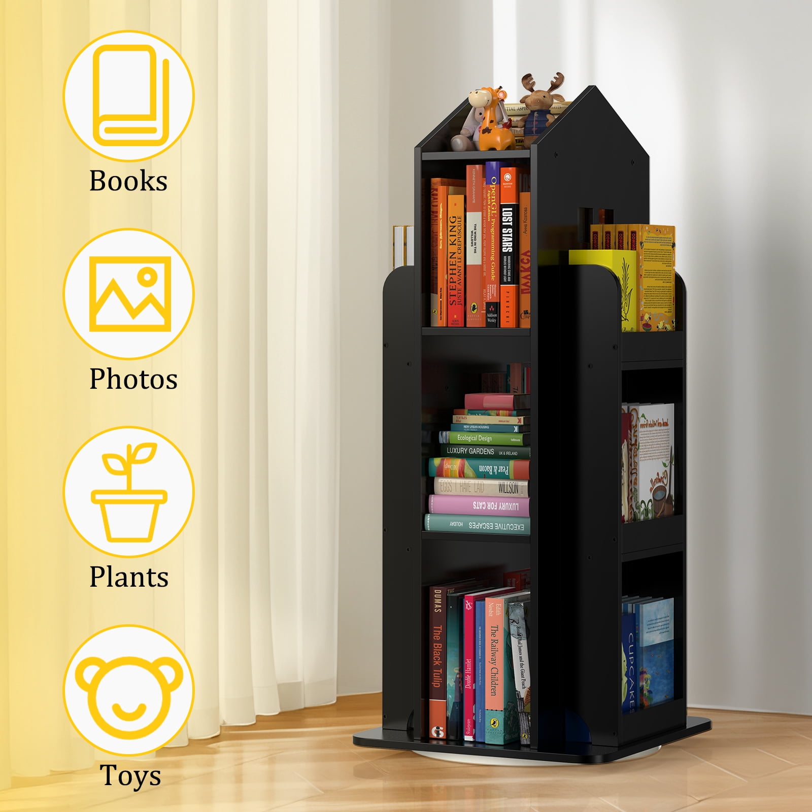 360° Rotating Kids Bookshelf, Black Engineered Wood House-Shaped Bookcase, 38in Tall Storage Organizer for Bedroom, Playroom, Living Room