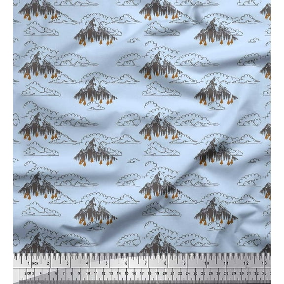 Soimoi Blue Cotton Voile Fabric Cedar Tree & Mountain Nature Print Fabric by the Yard 42 Inch Wide