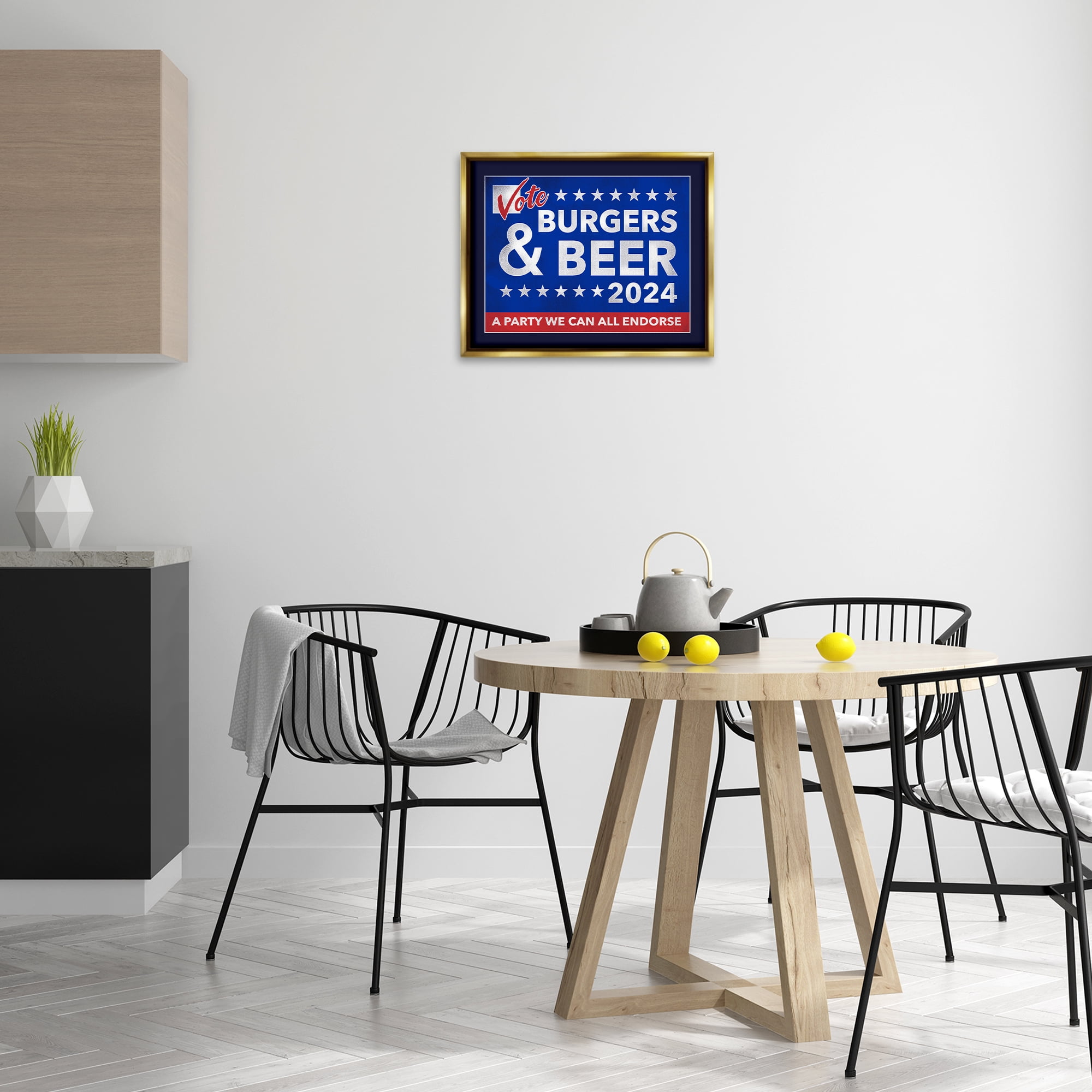 Stupell Industries Burgers & Beer Vote Food & Beverage Painting Gold Floater Framed Canvas Art Print Wall Art, 21 x 17
