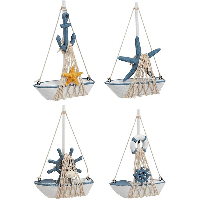 Juego de 4 decoraciones de velero náutico en miniatura para baño, baby shower, decoraciones de fiesta de navegación (5" x 7") JAMW Sencillez
