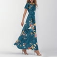 thumbnail image 4 of vigerkar Women's Flowy Chiffon Maxi Dress – Floral Print, V-Neck, Short Sleeve with Ruffled Hem & Waist Tie, Boho Beach Dress Navy, 3XL, 4 of 7