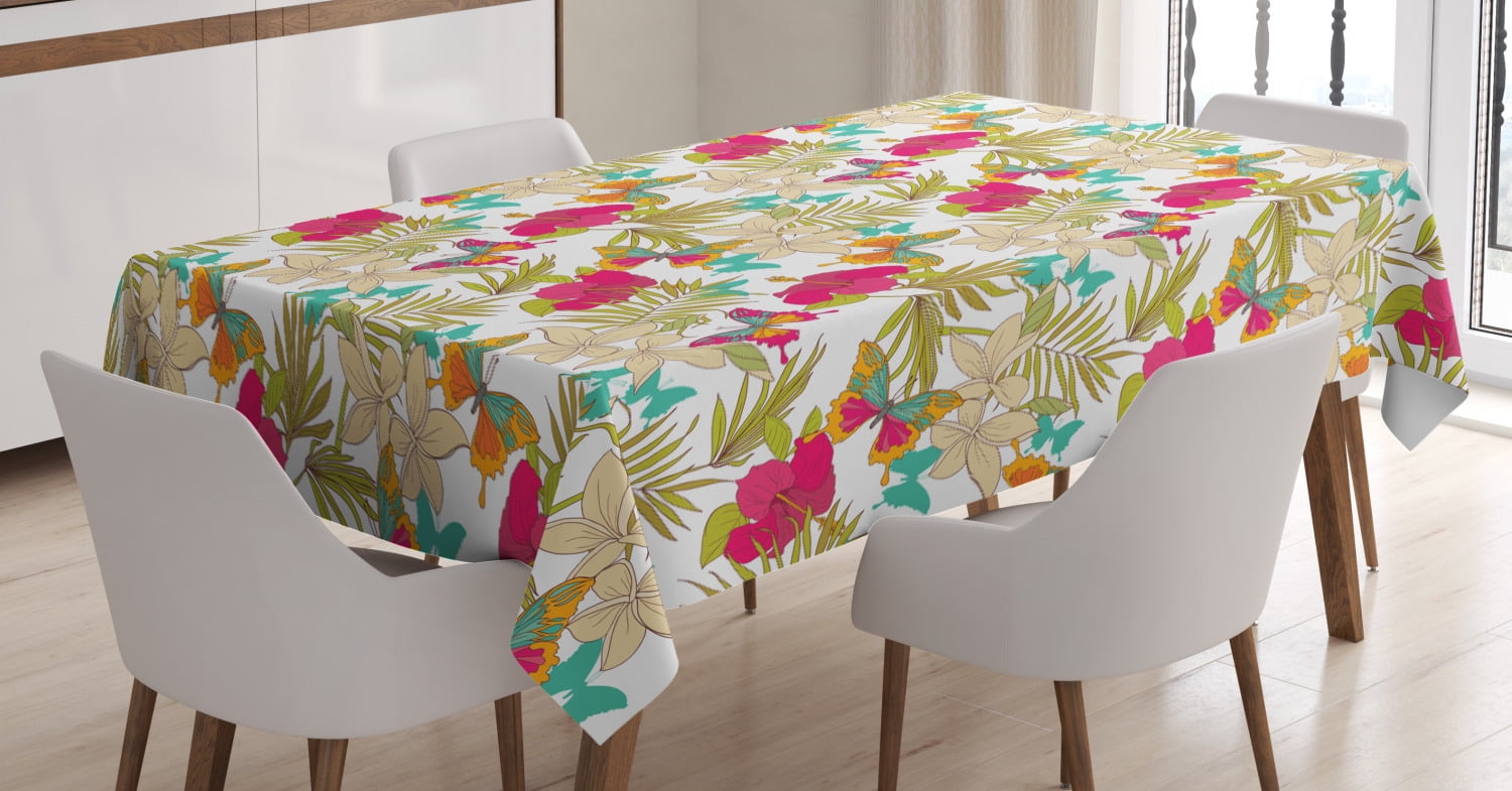 Hawaiian Tablecloth, Tropical Frangipani and Hibiscus Blossoms Exotic