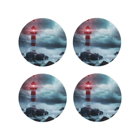 

Coasters Set of 4 - Lighthouse in a Stormy Sea Drink Coasters for Tabletop Protection Leather Coasters for Living Room Decor and Housewarming Gift Round Shape