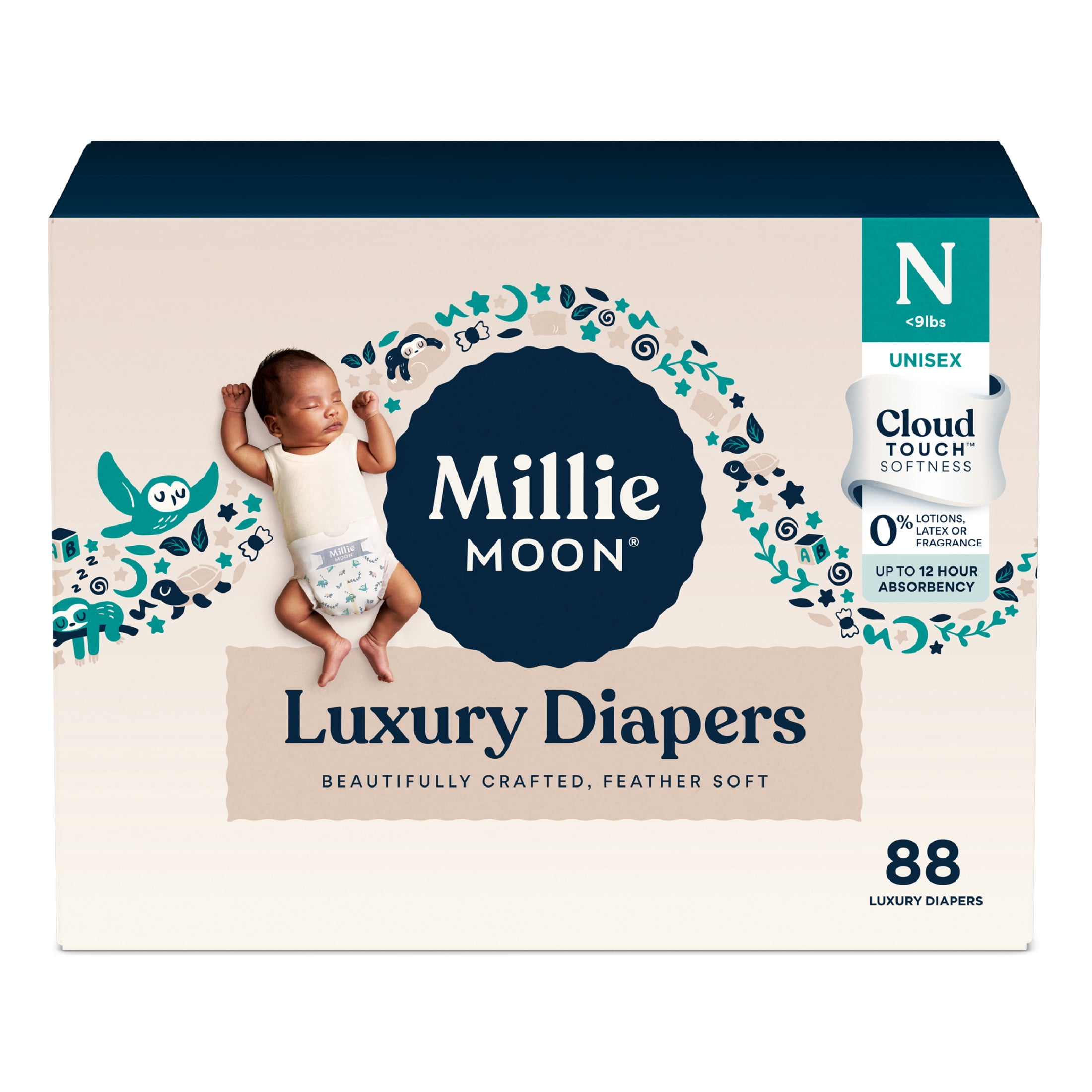 Millie Moon Luxury Diapers, Size Newborn, 88 Count (Select for More Options)