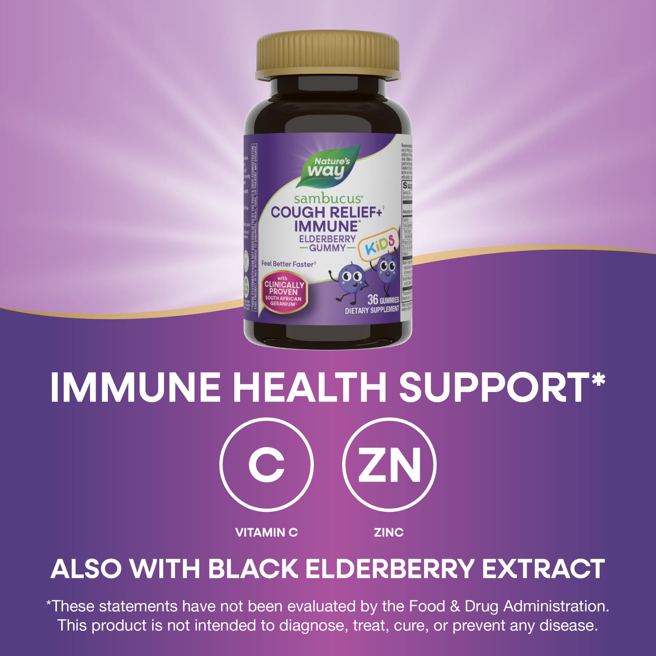 (2 pack) Nature's Way Sambucus Kids Cough Relief +◊ Immune* Gummies, Elderberry Extract & Vitamin C, 36 Count