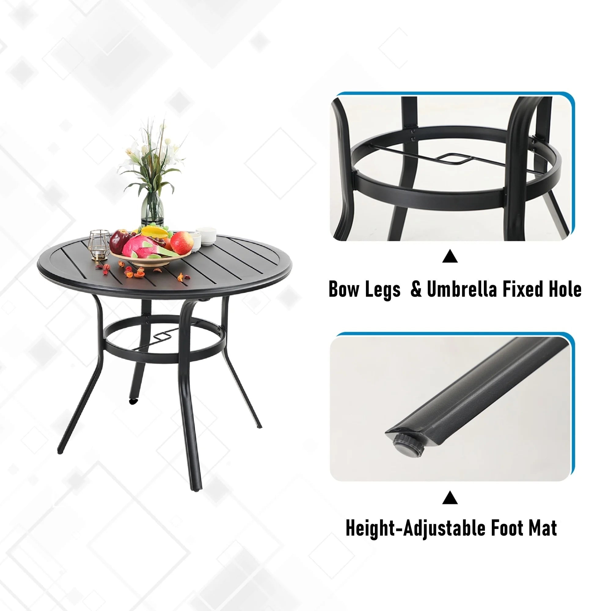 SUMMIT LIVING 5-Piece Outdoor Patio Dining Set with Swivel Chairs and 38" Steel Round Table with Umbrella Hole, Black & Grayish-brown