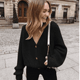 thumbnail image 1 of Women's V Neckline Button Down Knitwear Lantern Sleeve Basic Knit Cardigan Sweater Tops, 1 of 2