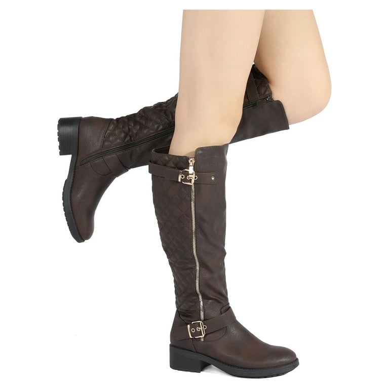 BURUDANI Women Wide Calf Low Heel Knee High Ladies Side Zip Motorcycle Riding Boots Shoes BROWN Size 11 Walmart