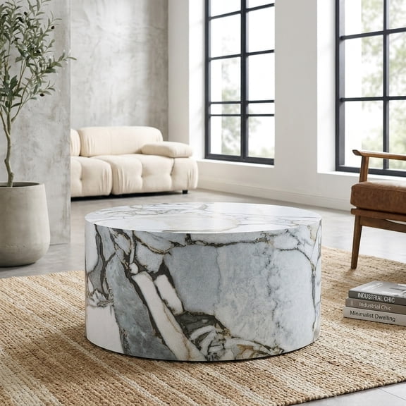 White Marble Textured Cylindrical Coffee Table - Modern Living Room Furniture