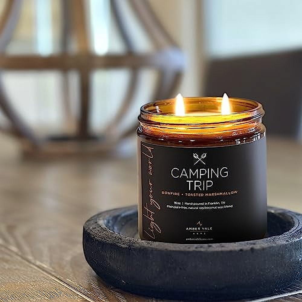 Amber Vale Home Camping Trip, Bonfire and Toasted Marshmallow Scented Natural Soy and Coconut Wax Candle, Phthalate Free, Non-Toxic and Healthy Clean Burning, 16oz Jar