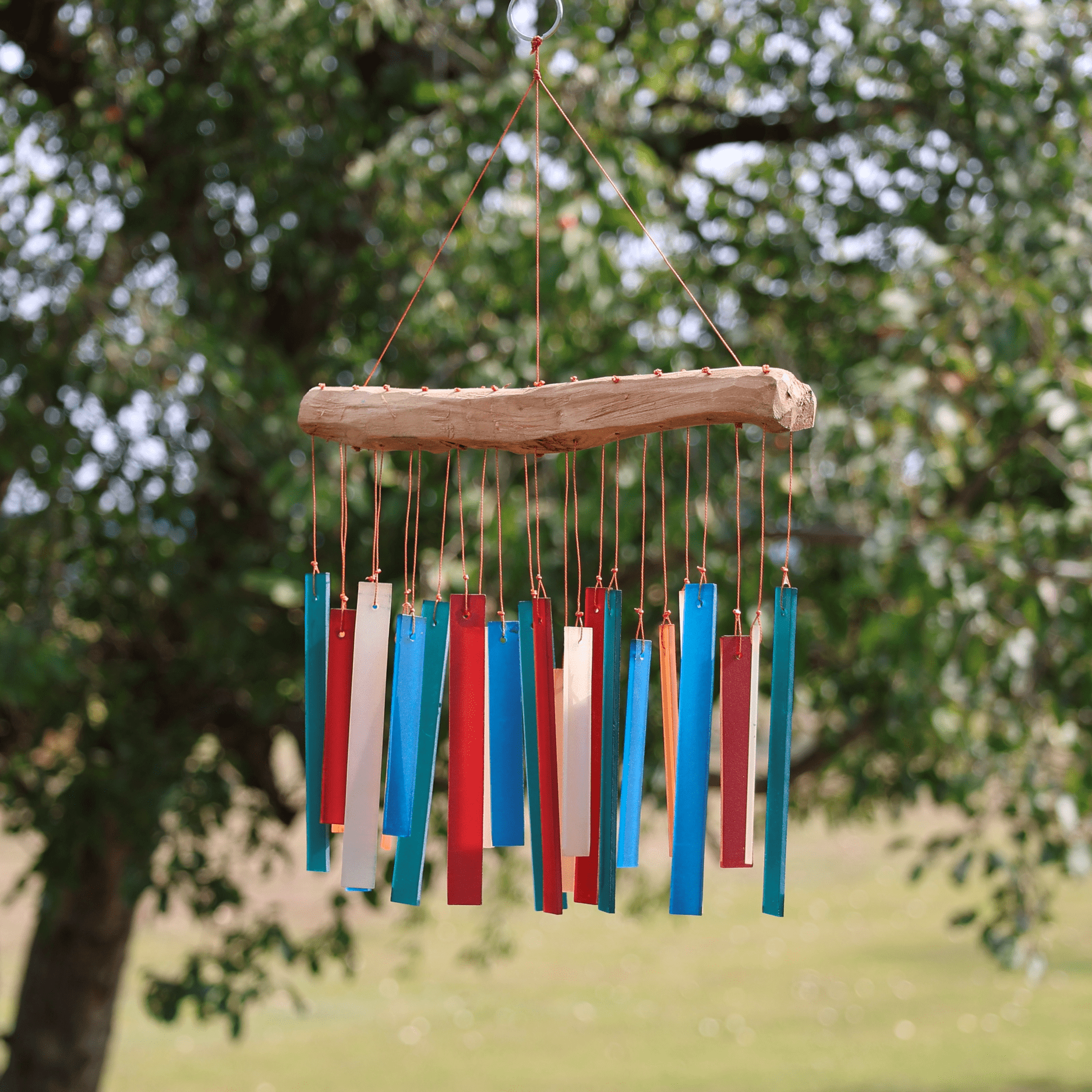 Blue Handworks Retro Colors Glass & Driftwood Chime - Sandblasted Glass and Found Wood Handcrafted Wind Chime for Outdoor and Garden Décor