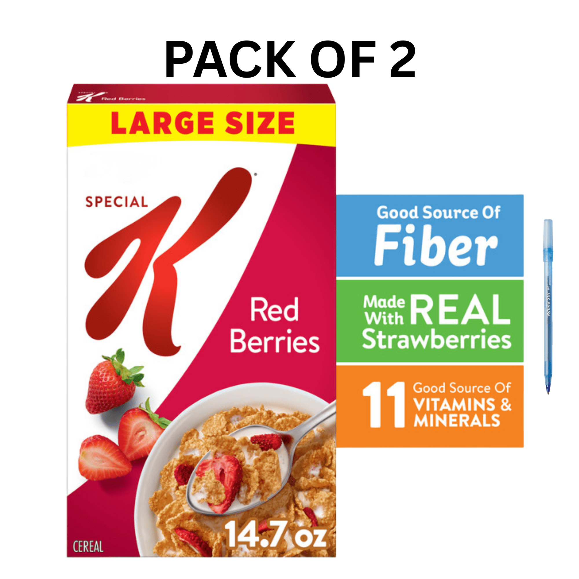 Special K Cereal Red Berries, Good Source of Fiber, Made with Real Strawberries, 11 Vitamins & Minerals, Pack of 2, 14.7 oz