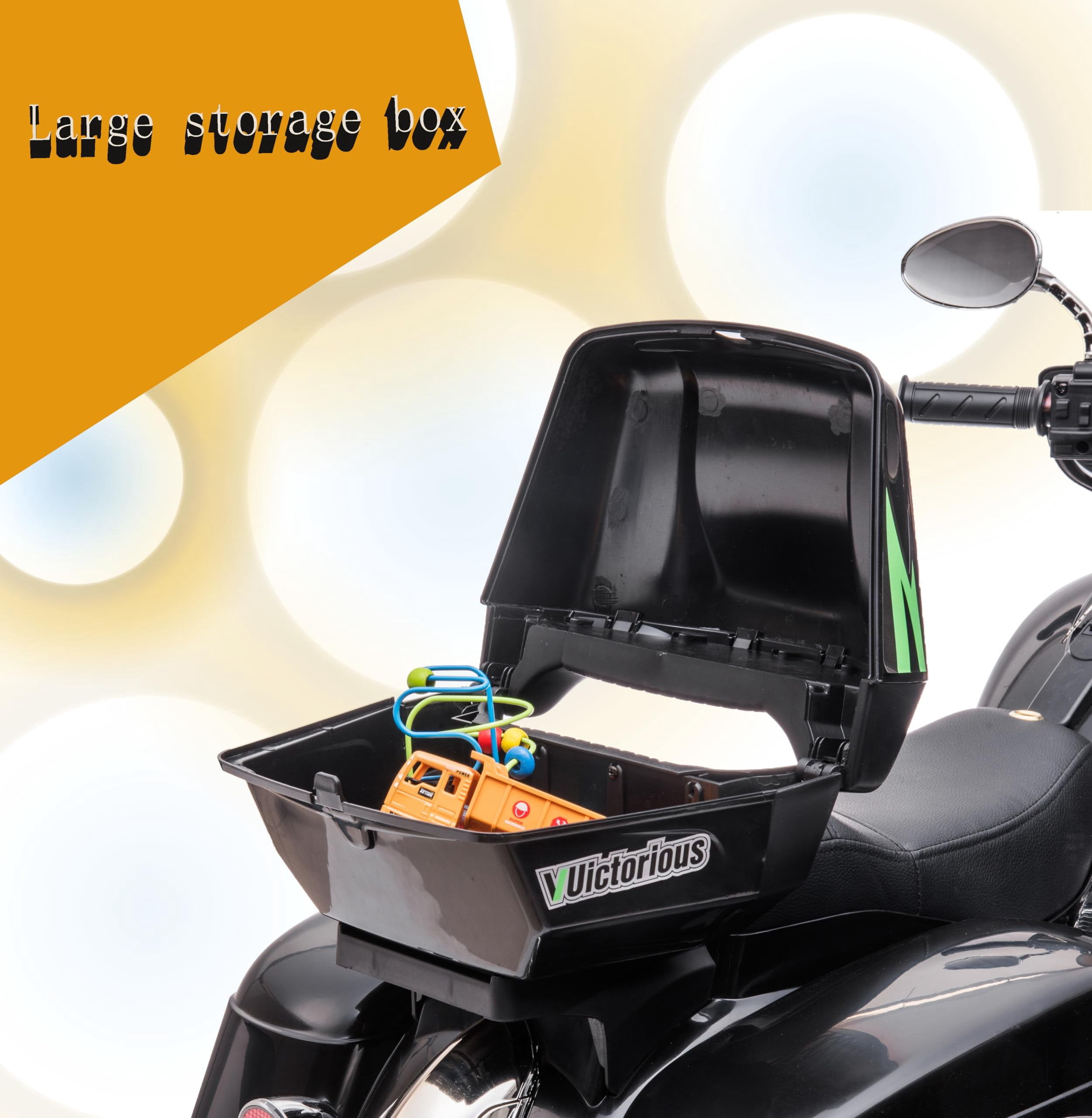 HTW12V Kids Electric Motorcycle w/LED Lights, Music, Storage Trunk & Soft PU Seat – Battery-Powered Ride-On Toy for Ages 3-6