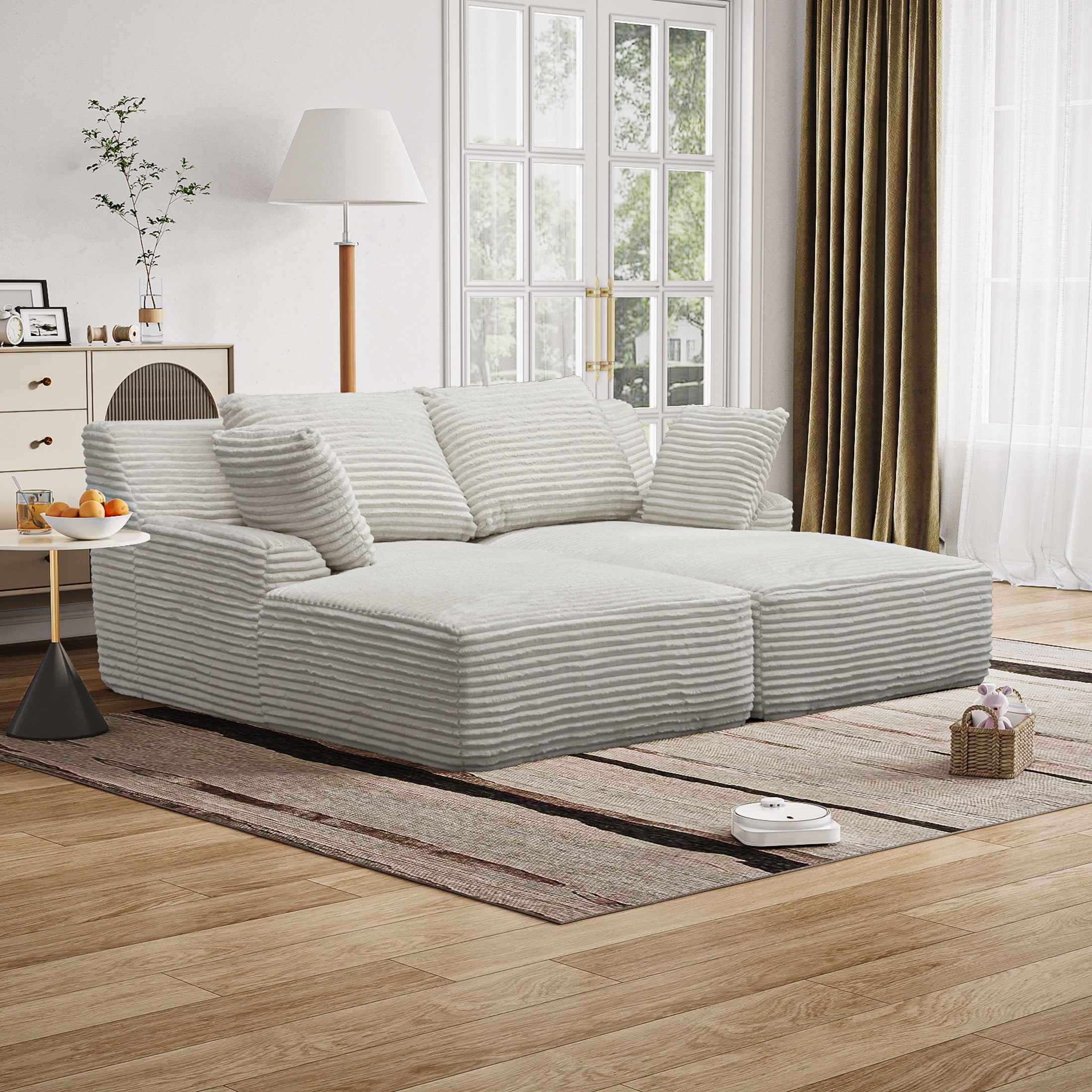 Noble House Elley 77.8" Oversized Double Chaise Lounge, Cloud Plush Corduroy Sleeper Chair with Pocket Springs, Beige