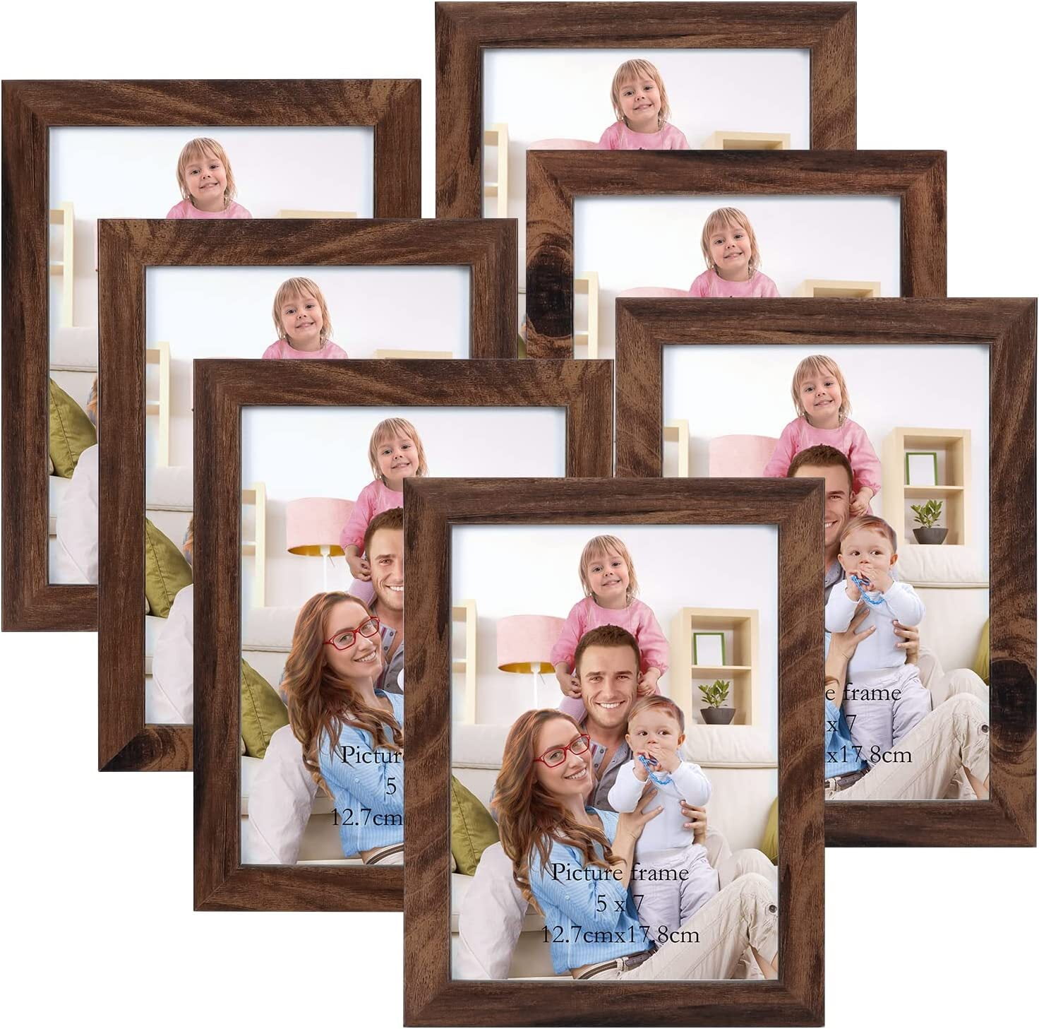 5x7 Rustic Brown Wood Photo Frames Set of 7, Multiple Display for Wall